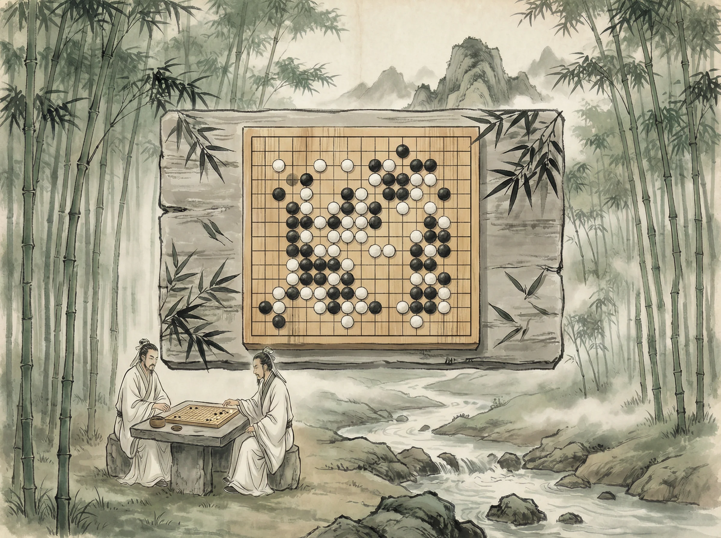 竹林悟道局 博雅棋牌 棋盘布局，黑白子对峙