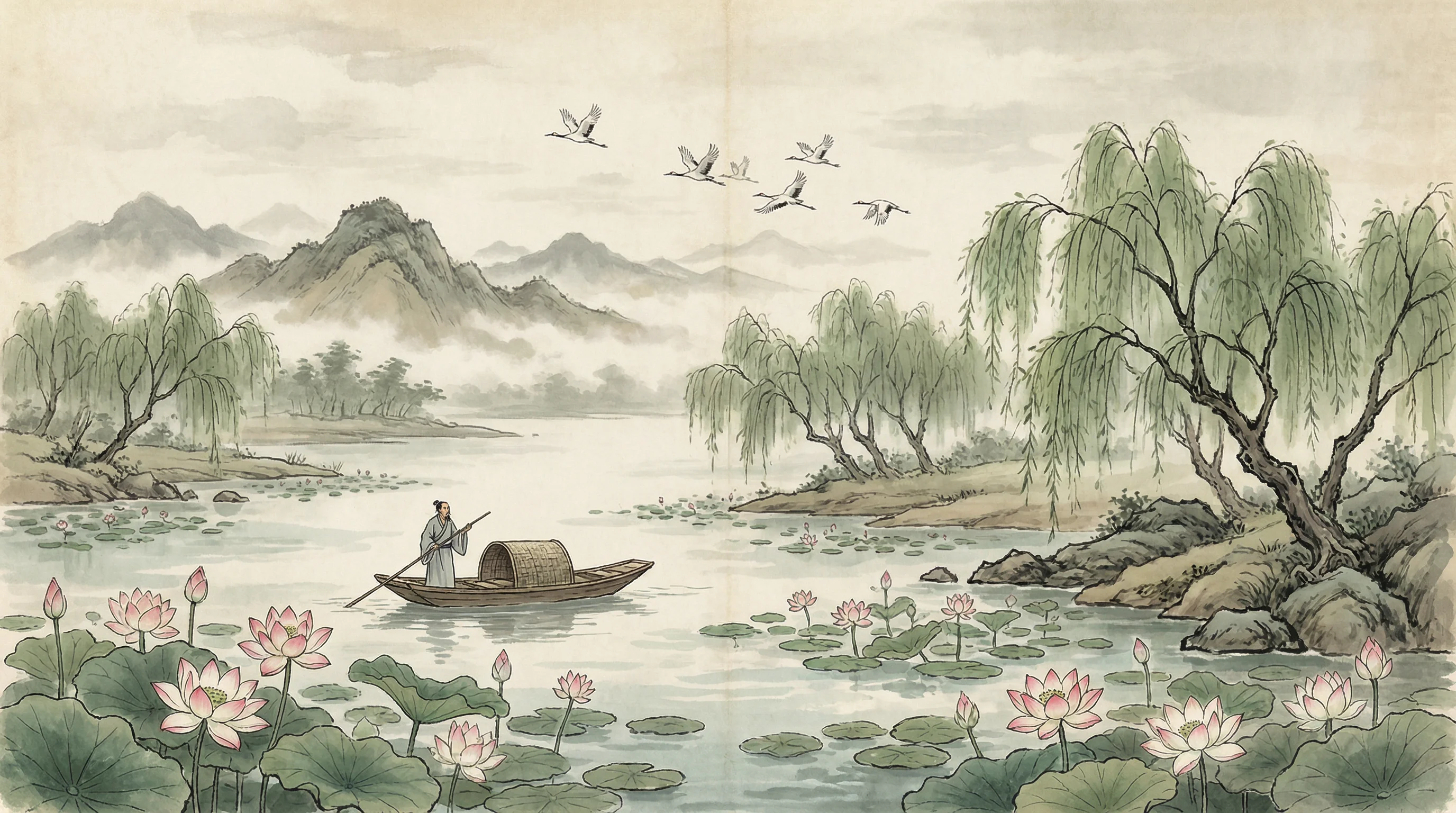 荷塘泛舟水墨画，与 博雅棋牌 禅意相映