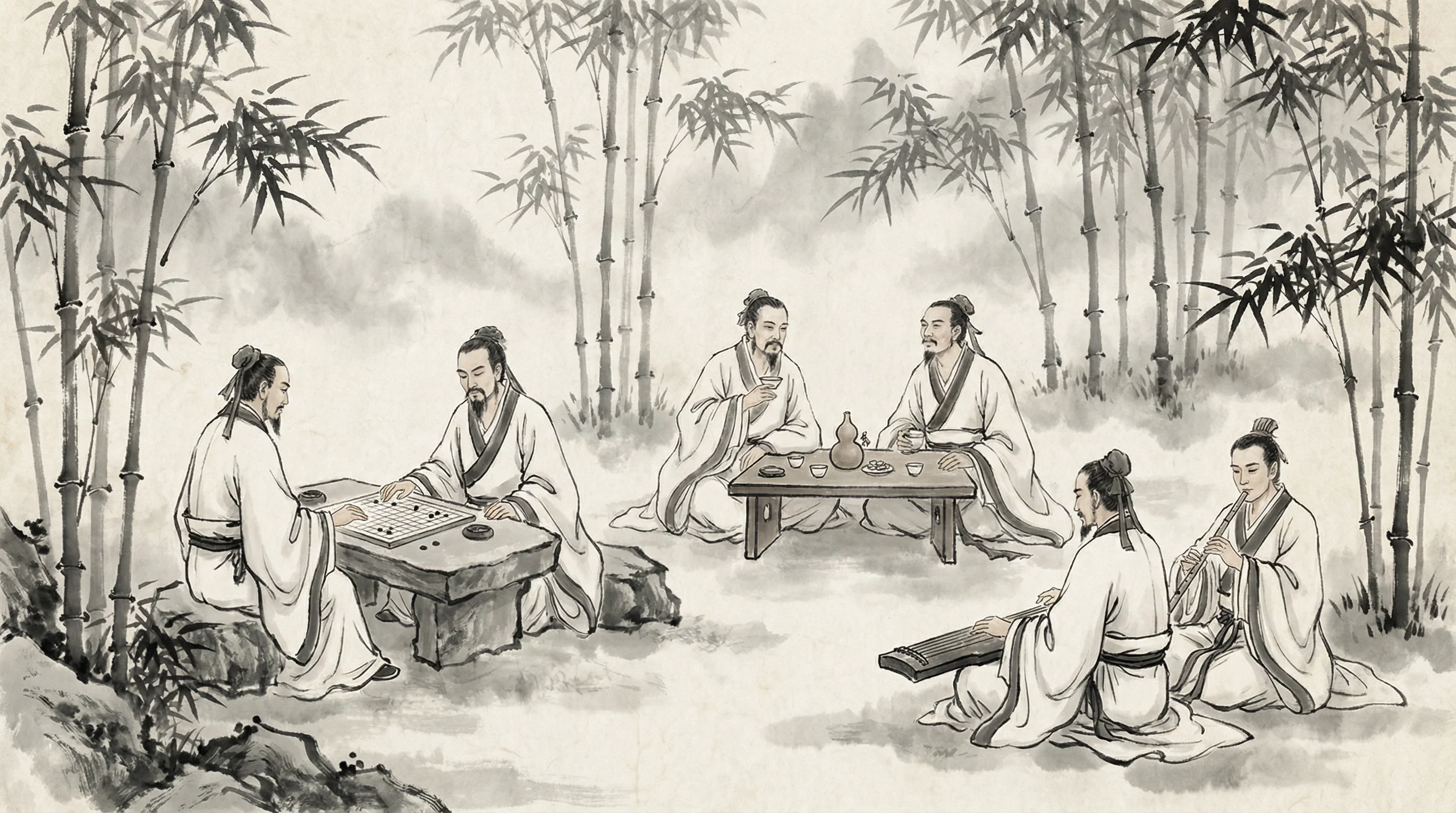 竹林七贤水墨画，隐士以棋会友，共参 博雅棋牌 之道